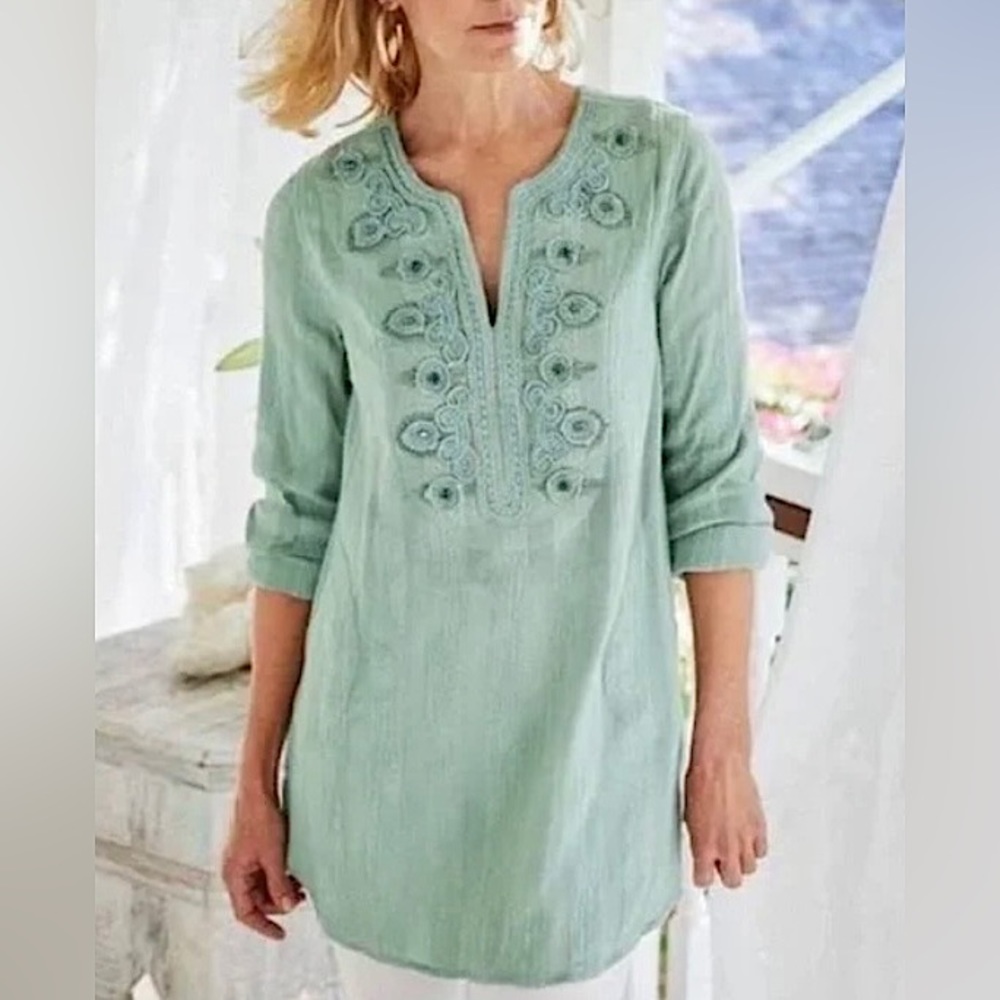 Soft Surroundings Soutache Embellished Pleated Tunic Top Green Women’s Medium